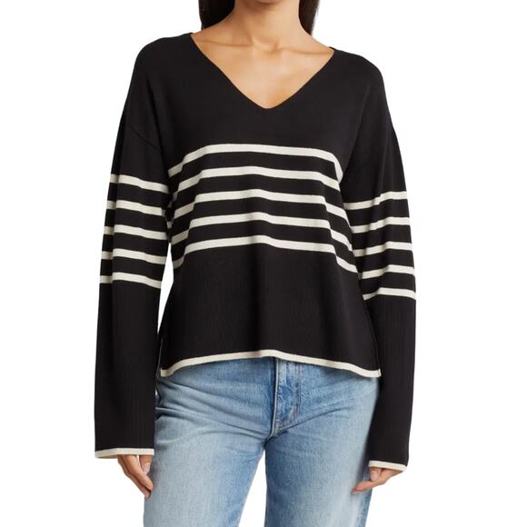 Vero Moda Women's Happiness Stripe V-Neck Black Wide Sleeve Sweater L Large New - Picture 1 of 8